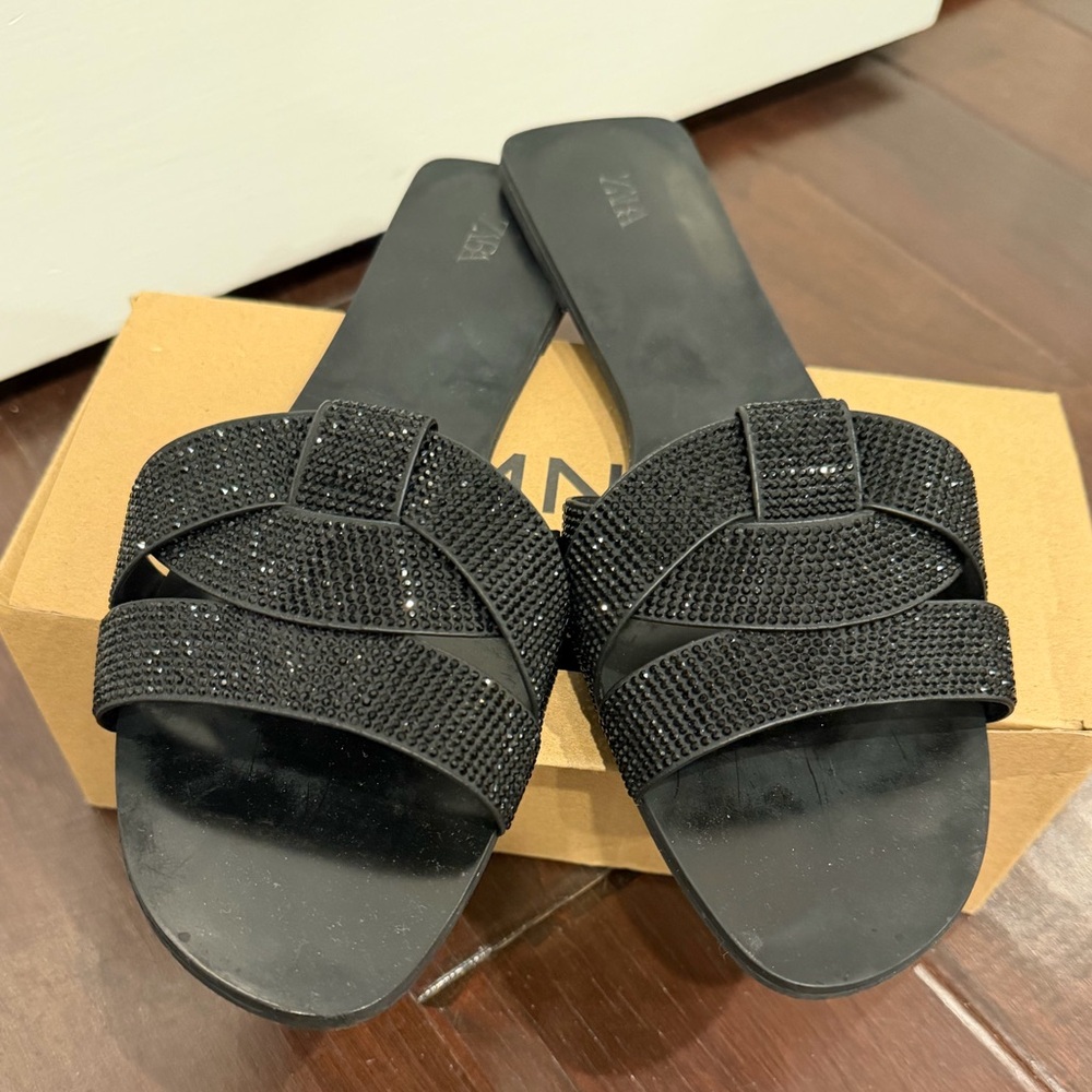 Zara Black Rhinestone / Crystal Slide Sandals